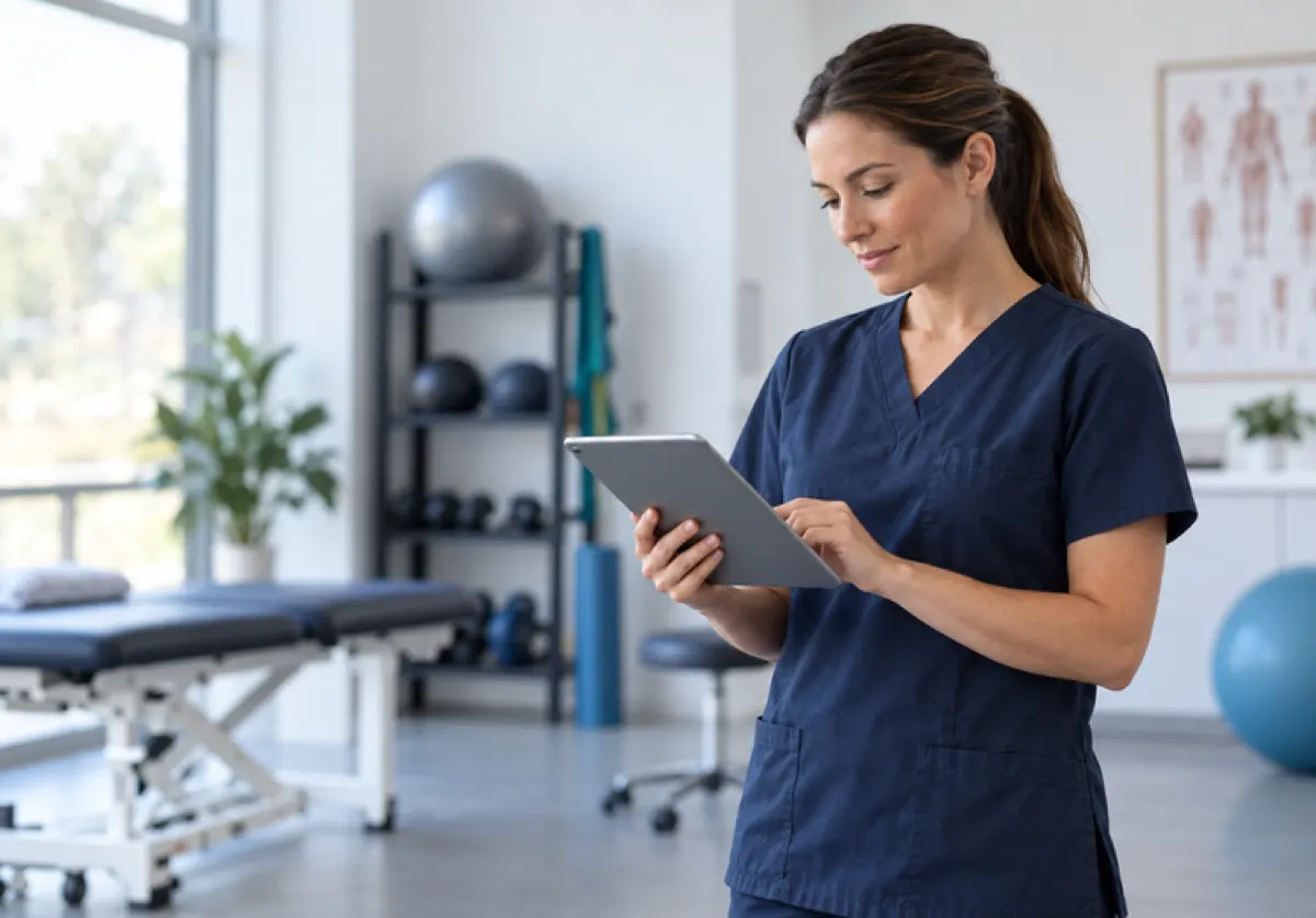 Kinesióloga revisa el panel de KineBox Care en una tablet